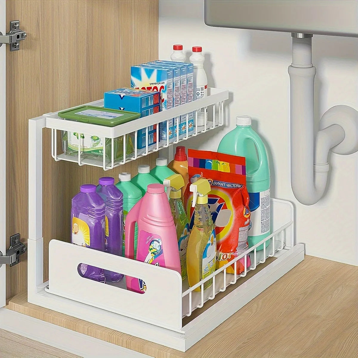 Sliding Pull Out Cabinet Rack for Lower Sink Kitchen Storage
