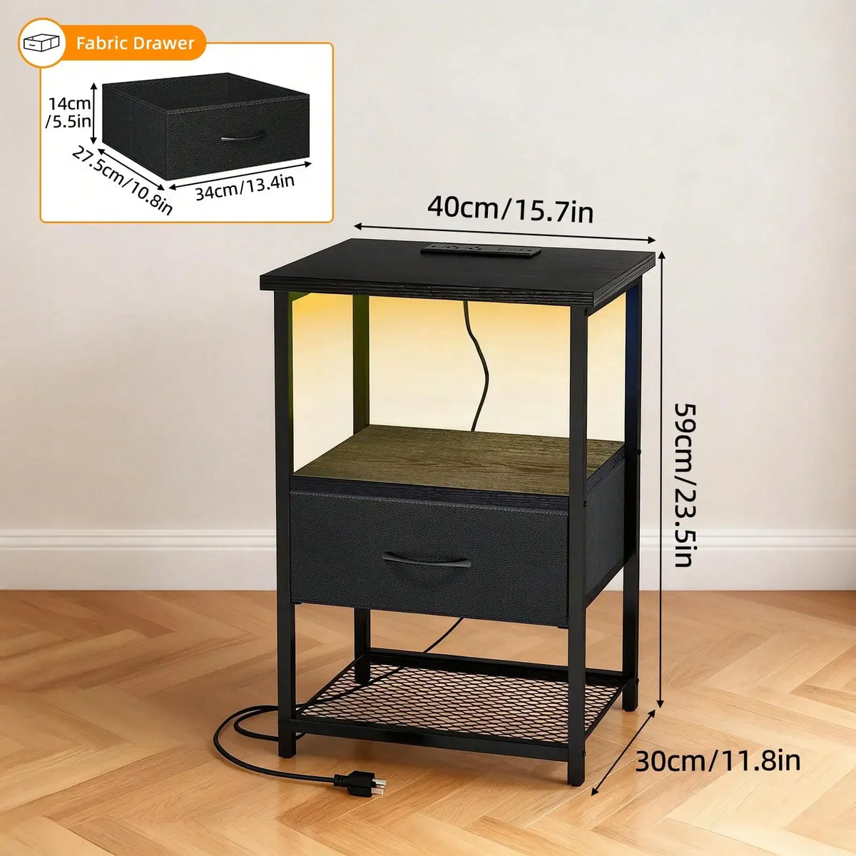 Bedside Nightstand With Charging Station, LED Light And Fabric Drawers