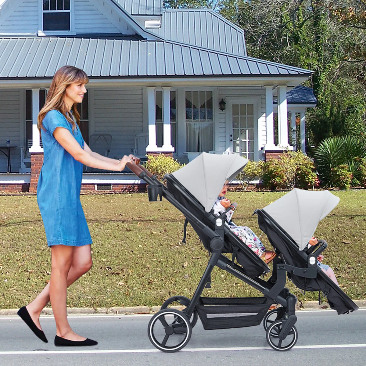 Adjustable Tandem Double Stroller With Reversible Infant And Toddler Seats