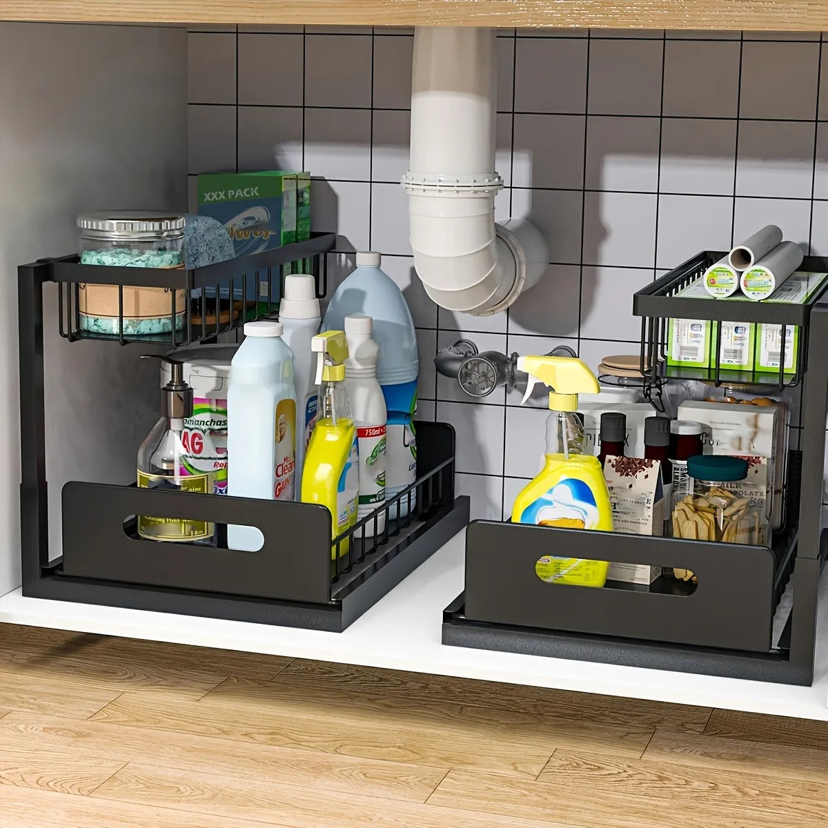 Sliding Pull Out Cabinet Rack for Lower Sink Kitchen Storage
