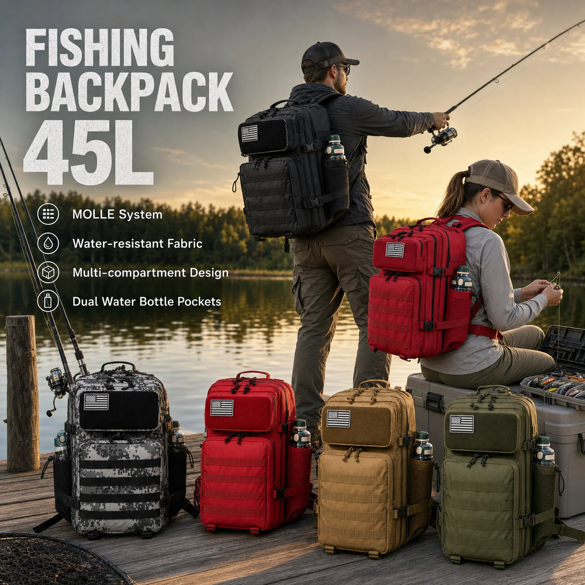 ReFire Gear Tactical Fishing Backpack with Water Bottle Holders