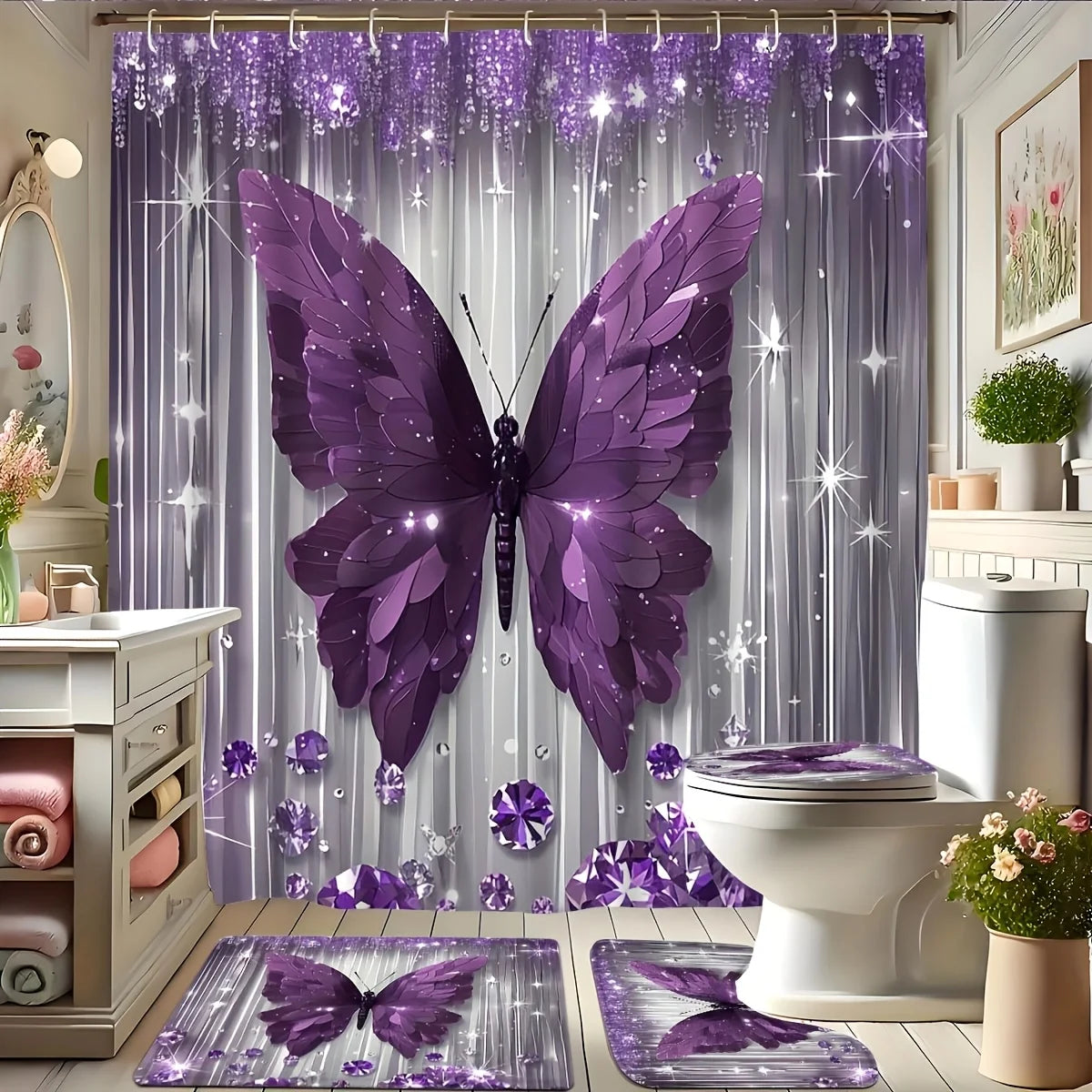 Butterfly Bathroom Set With Shower Curtain And Toilet Cover