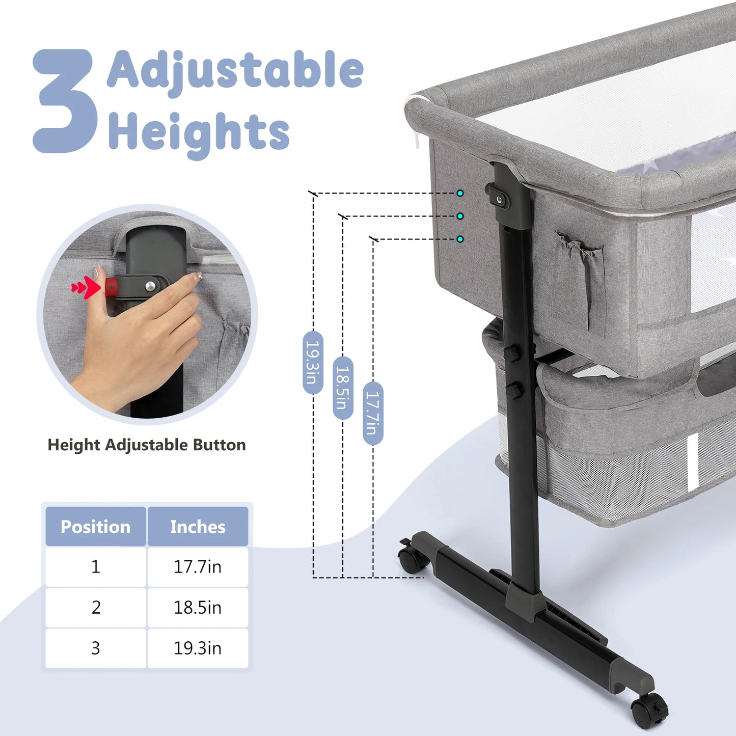 Baby Bedside Bassinet 3In1 Crib With Portable Folding Headboard