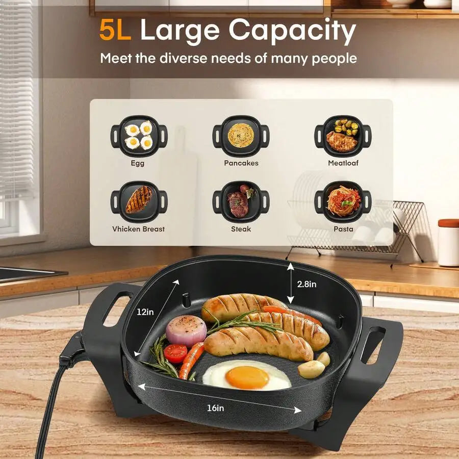 XMSJ Nonstick Electric Skillet With Glass Lid And Thermostat
