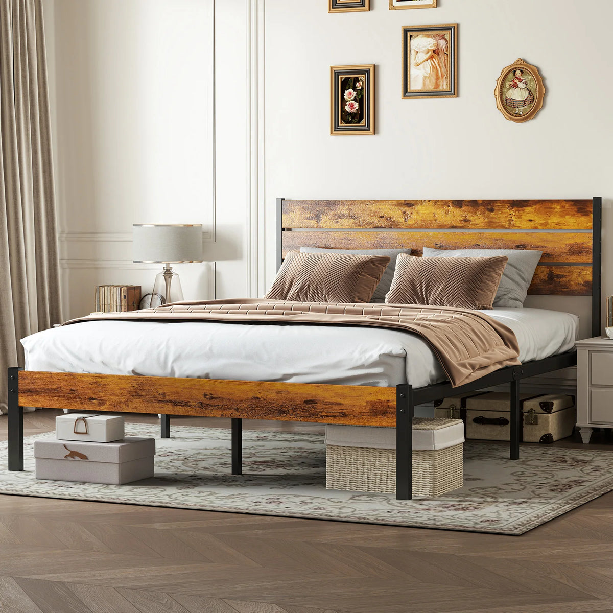 MCQ Wooden Headboard Metal Platform Bed Frame With Slat Support