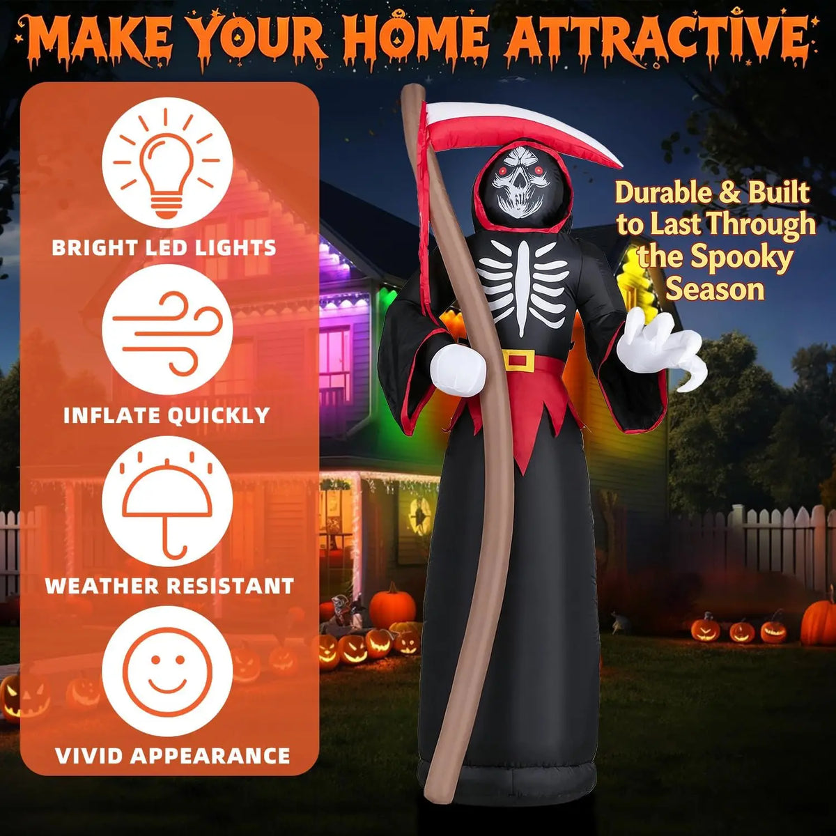 Giant 8FT High Concerned Halloween Outdoor Grim Reaper Yard Inflation