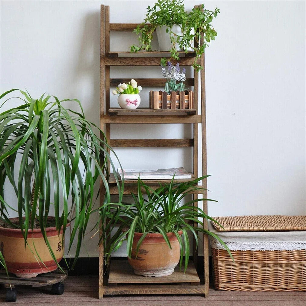 Folding Four Tier Wooden Ladder Shelf Bookcase Plant Display Rack