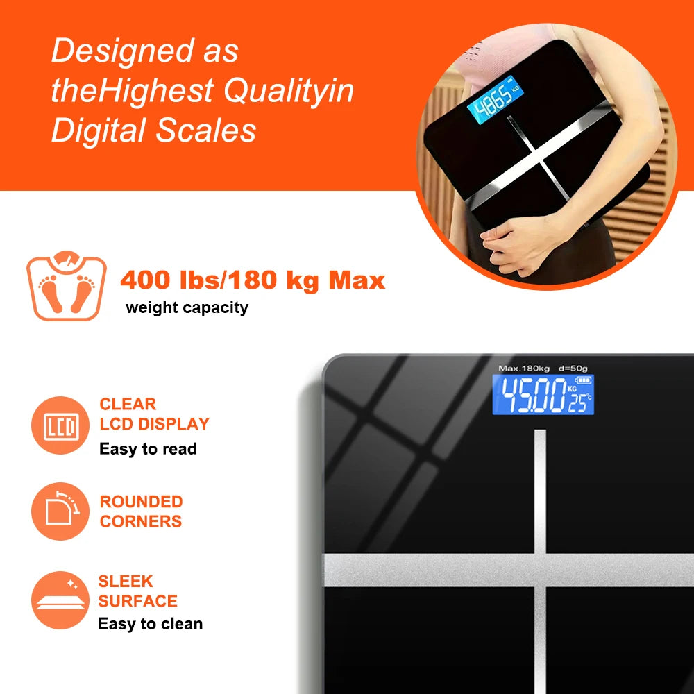 Digital Bathroom Scale With LCD Display Tempered Glass Platform